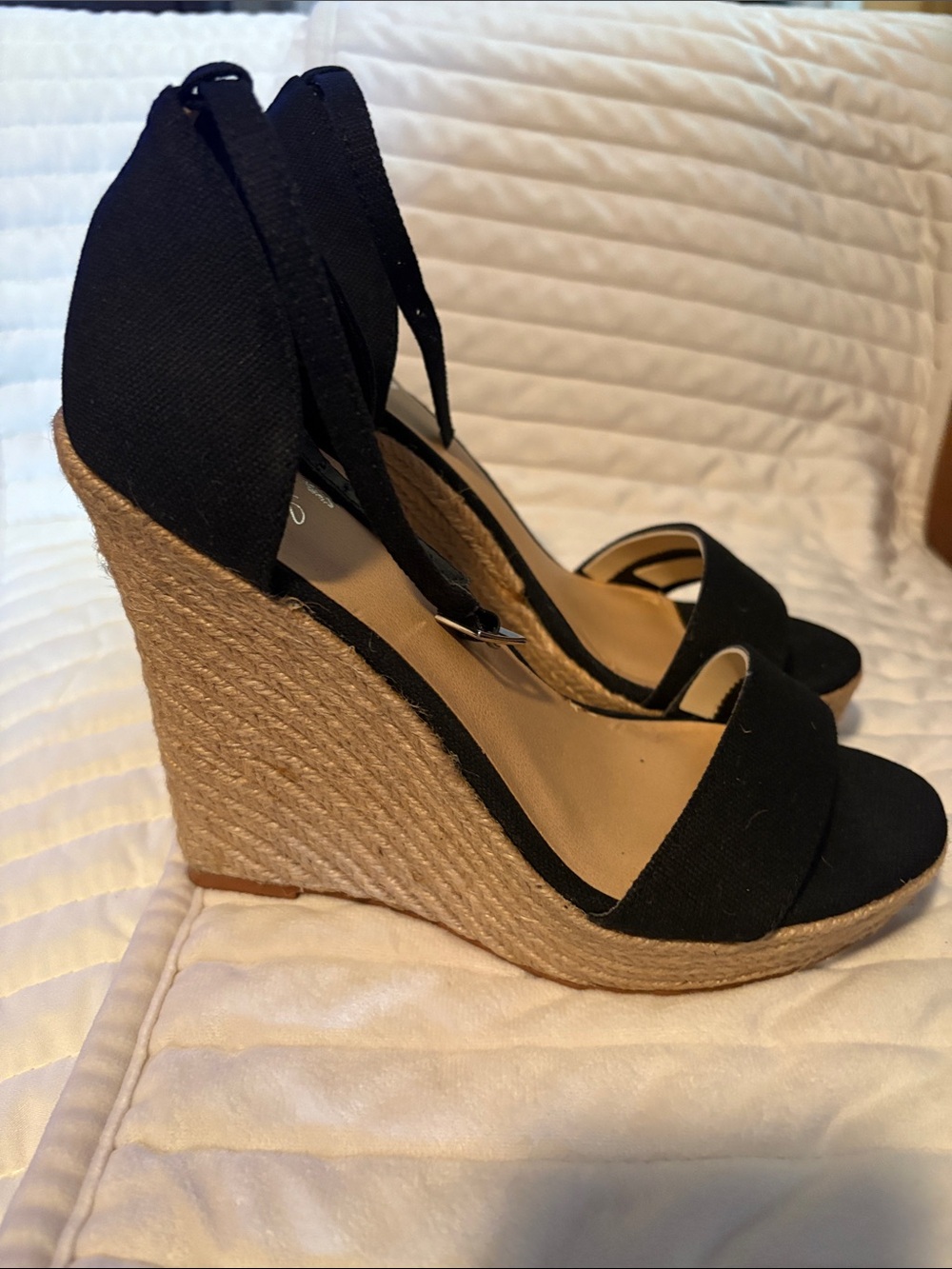 Colin Stuart Black Espadrille Wedge Sandals with Ankle Tie - Picture 2 of 6